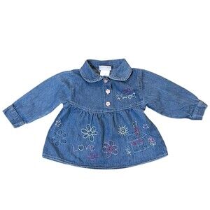 Vintage Fisher Price Baby Denim Dress 18M Embroidered Flowers Hearts House